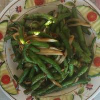 10. Spicy String Beans · dry sauteed string bean w/ onion in hot garlic sauce