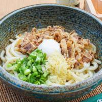 Niku Udon(Cold) · SWEET AND TENDER BEEF, POACHED EGG, ONIONS, GREEN ONIONS, TEMPURA BITS