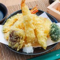 Assorted Tempura · Three pieces shrimp, 1pc squid, sweet potato, eggplant, pumpkin, broccoli.