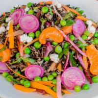 Seasonal Chopped Salad - Spring · English Peas, Greens, Rainbow Carrots,. Wild Rice, Red Onions, Pumpkin Seeds,. Radishes, Tan...