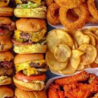 The Family Box · 8 of our delicious (3 oz.) burgers, 8 wings, fries and onion rings.