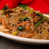 Clear Yam Noodles · Sauteed clear yam noodles with beef and vegetables.