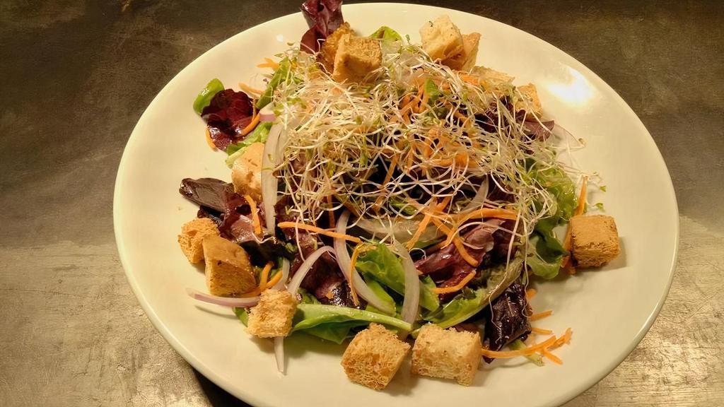 House Salad* · Spring Mix, Pea Sprouts, Shredded Carrots, Red Onion, Mint, Basil, Croutons & Honey Vinaigrette