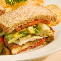 Vegetarian Sandwich · Vegetarian. Fried eggplant, topped with marinated artichoke hearts, roasted red peppers, sli...