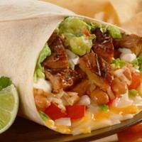 Zapata Burrito · Super burrito: your choice of meat, Monterey cheese, onions, cilantro, rice beans, guacamole...