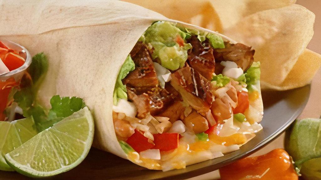 Zapata Burrito · Super burrito: your choice of meat, Monterey cheese, onions, cilantro, rice beans, guacamole sour cream, and red salsa.