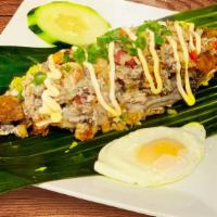 Bangus Sisig · Fried milkfish flaked and mixed with onions, pepper & egg then topped with mayonnaise