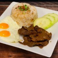 Tapsilog · TAPa + SInangag + ItLOG
(Grilled beef slices + Garlic Fried Rice + Fried Eggs)