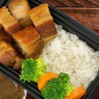 Budget Lunch Lechon Kawali · Fried pork belly with choice of steamed rice or noodles and seasonal vegetables