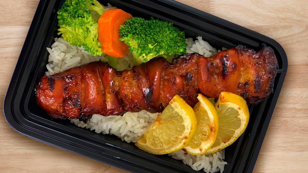 Budget Lunch Chicken BBQ (1 stick) · Skewered grilled chicken bbq with choice of steamed rice or noodles plus seasonal vegetables