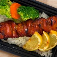 Budget Lunch Pork BBQ (1 stick) · Skewered grilled pork bbq with choice of steamed rice or noodles plus seasonal vegetables