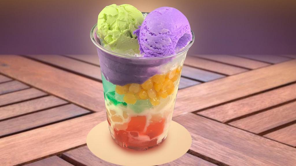 Halo Halo · Signature Filipino dessert consist of sweet white beans, mongo beans, garbanzo beans, coconut jelly, coconut meat, coconut beans, ube in shaved ice, milk and ice cream choice of mango, langka or avocado. ICE CREAM AVAILABILITY SUBJECT TO CHANGE WITHOUT NOTICE
