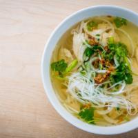 Chicken Noodle Soup · Rice noodle soup with sliced chicken breast, cilantro and onions.