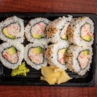 Spicy California Roll · Spicy. Rice, seaweed, avocado, imitation crab and hot sauce.