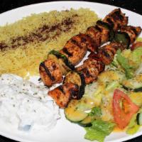 Chicken Kabab Plate · 2 Skewers Chicken Breast Cubes served with Rice, Green Salad & Taziki