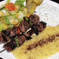 Beef Kabab Plate · 2 Beef Skewers served with Rice, Green Salad & Taziki
