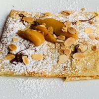 Caramelized Pears Crepe · Comes with Nutella and almonds.