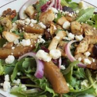 Spring Mix Salad with Roasted Pears · Comes with gorgonzola, red onions, candied chipotle walnuts and a raspberry balsamic vinaigr...