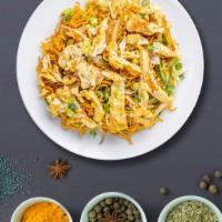 Egg Break Chow Mein · Wok tossed stir fried noodles with eggs and Sichuan spices. Vegan.