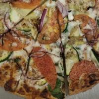 My California Veggie - Medium · Signature pizza. Our signature white sauce, mozzarella cheese, spinach, zucchini, marinated ...
