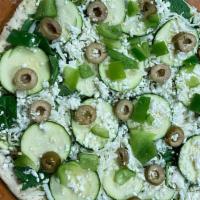 My Green Veggie - Medium (NEW) · Pesto sauce, mozzarella cheese, zucchini, feta cheese, spinach, bell peppers, green olives
