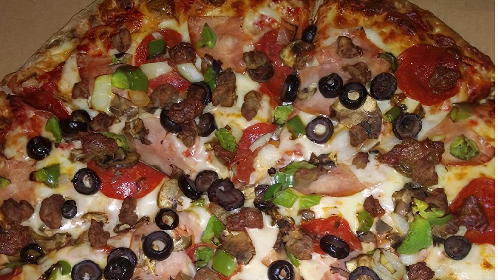 My Combination - Large · Tomato sauce, mozzarella cheese, pepperoni, ham, seasoned beef, sausage, mushrooms, onions, bell pepper and olives.