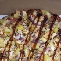 BBQ Hawaiian Chicken Pizza - Large · B.B.Q. sauce, mozzarella cheese, marinated grilled chicken, red onions, ham & pineapple.