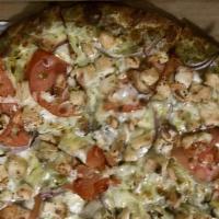 Chicken Pesto Pizza - Medium · Homemade pesto sauce, mozzarella cheese, red onions, garlic, marinated chicken, artichoke he...