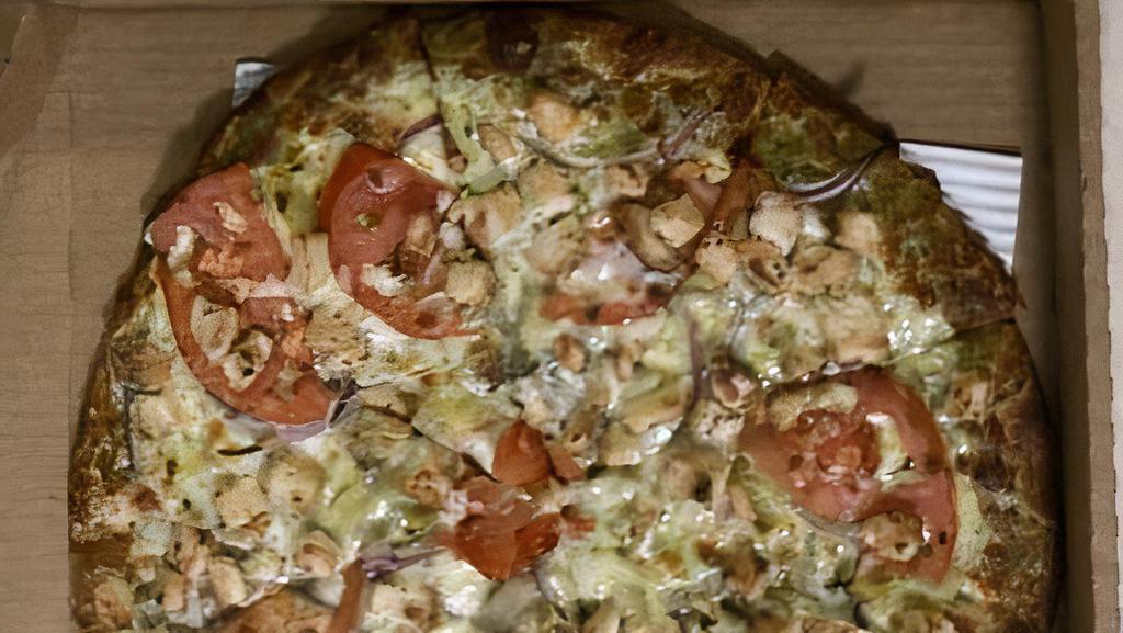 Chicken Pesto Pizza - Giant · Homemade pesto sauce, mozzarella cheese, red onions, garlic, marinated chicken, artichoke hearts and fresh tomatoes. If you like pesto, you're going to be in love.
