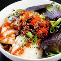 Beef Bowl · Korean BBQ bowl, sauteed onions, kimchi, masago, red sauce, green onions, fried shallots, an...