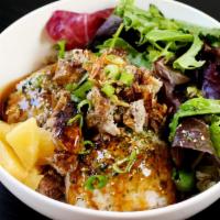 Teriyaki Zen Bowl · Vegetarian. Soy and portobello mushrooms patty, pineapple, teriyaki sauce, green onions, and...