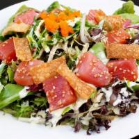 Ahi Tuna Salad · Ahi tuna, seaweed salad, seasoned soba noodles, wonton crisps, wasabi mayo, imitation crab s...