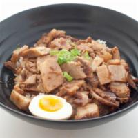 Chashu Don · Braised pork belly, egg, topped with pickled ginger, scallion, sesame seeds, and nori, serve...