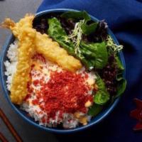 Sumo Crunch (With Shrimp) Bowl · Shrimp tempura, surimi crab, cucumbers, red tempura flakes and sriracha aioli.