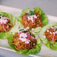 Mole Lettuce Cups · 4 lettuce cups with pitman farms pulled chicken, Oaxacan mole sauce, marinated red onions, r...