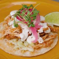 Chipotle Chicken Taco · Tomato braised Mary’s pulled chicken, marinated red onions, sour cream, queso fresco, micro ...