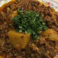 23. Aloo Keema · Ground beef and potatoes cooked with onion, tomatoes and selected spices.
