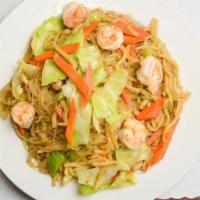 Pancit Miki Bihon · Thin rice noodles with thick egg noodles sauteed with chicken meat, shrimp and mixed vegetab...