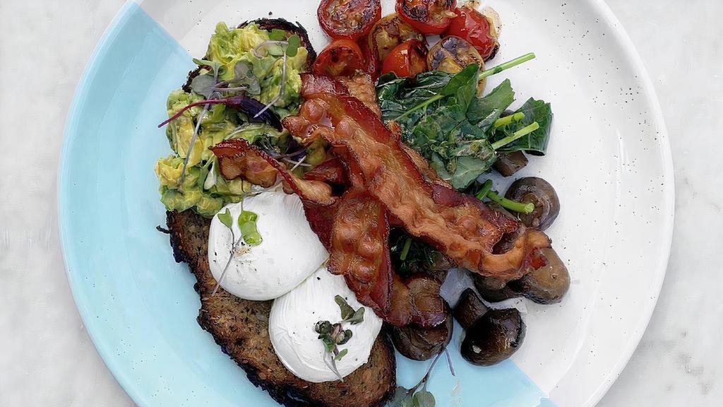 Bl Big Brekkie · Avocado smash on toasted multigrain served with two poached eggs, smoked bacon, roasted tomatoes, field mushrooms & baby kale.. Allergens: G= Contains gluten, E = Contains egg, S = Contains soy, SE = Contains sesame