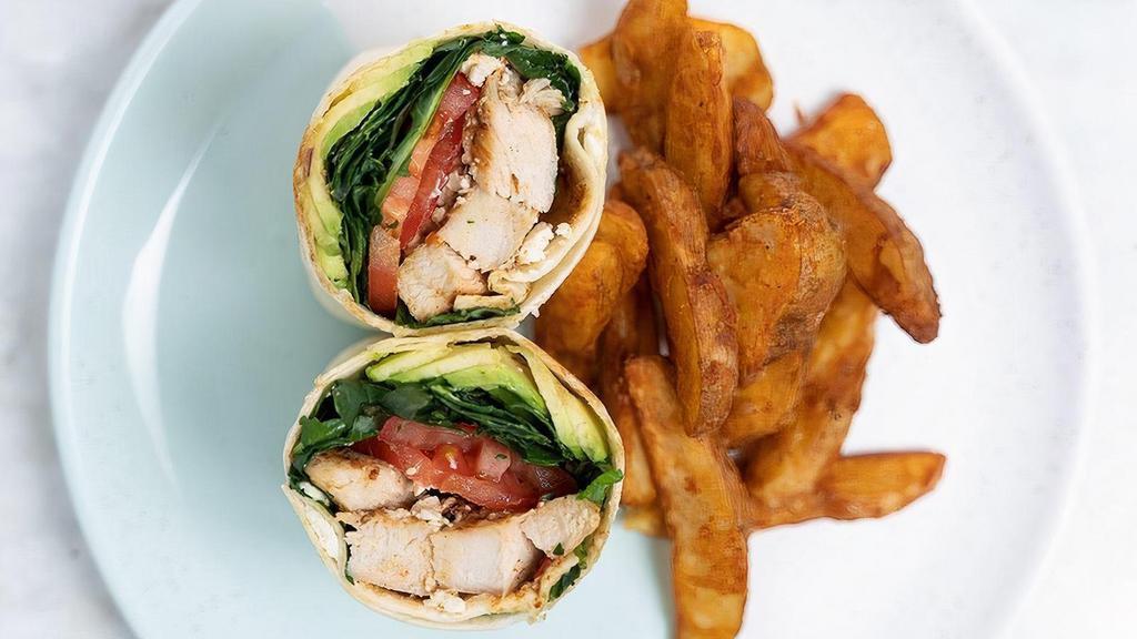Spiced Chicken Wrap · Grilled spiced chicken breast, baby kale, sheep's milk feta, avo smash, heirloom tomato and cumin yogurt served with crispy potato wedges.. Allergens: G = Contains gluten, D = Contains dairy, S = Contains soy