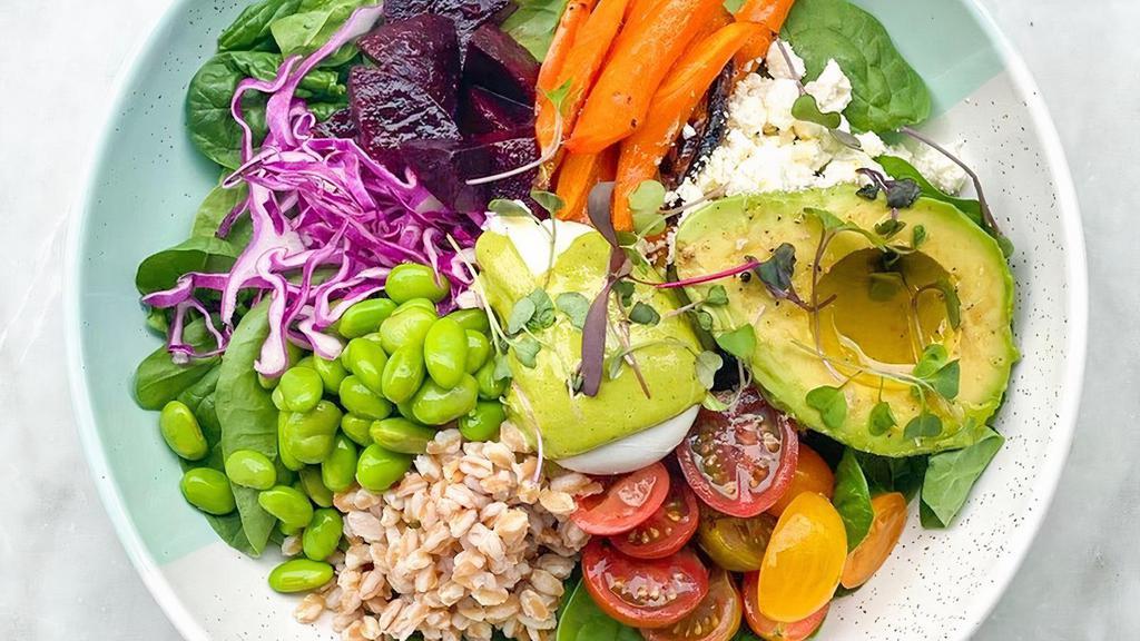Rainbow Bowl · Spinach base with cherry tomatoes, edamame, farro, feta, cabbage, roasted carrots, beets, avocado, a poached egg & chimichurri yogurt, served w/ a lemon vinaigrette.. Allergens: G = Contains gluten, D = Contains dairy, E = Contains egg, S = Sontains soy