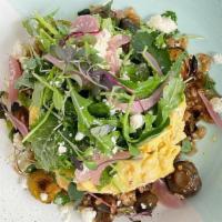 Best Mates Bowl · Roasted brussels sprouts & field mushrooms served with soft scrambled eggs, shallot, baby ka...