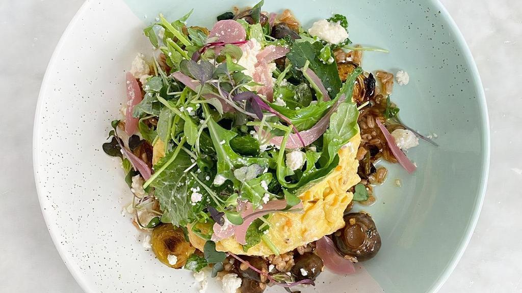 Best Mates Bowl · Roasted brussels sprouts & field mushrooms served with soft scrambled eggs, shallot, baby kale, farro, pickled onion, sheep's milk feta, chili flakes, toasted seeds & a lemon vinaigrette.. Allergens: G = Contains gluten, D = Contains dairy, E = Contains egg, SE = Contains sesame