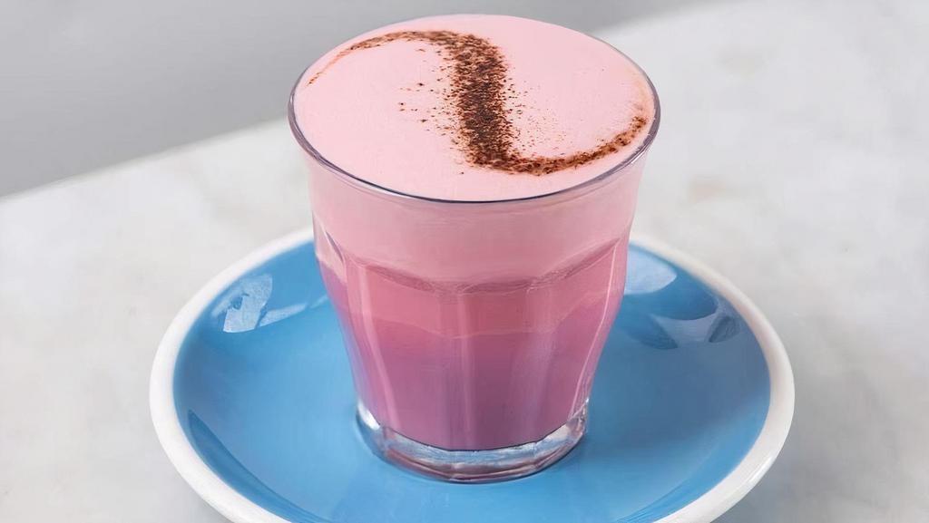 Beet Latte · Dehydrated beet powder that is rich in antioxidants, and good for digestion. This drink is married with a dusting of cocoa and steamed almond milk.