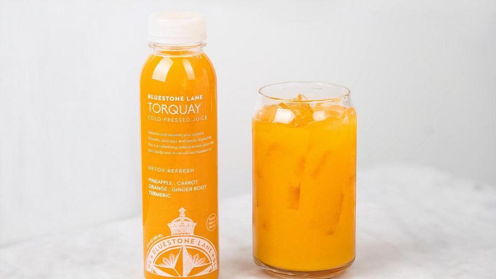 Torquay Juice (12Oz) · Freshly cold pressed 12 oz juices made with the finest pineapple, carrot, orange, ginger root, and turmeric.