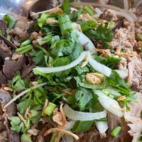 Cambodian Noodle Soup (Kuy Teav Phnom Penh) · Rice noodles with pork broth, ground pork, sliced lean pork, pork liver, pork heart, shrimp,...