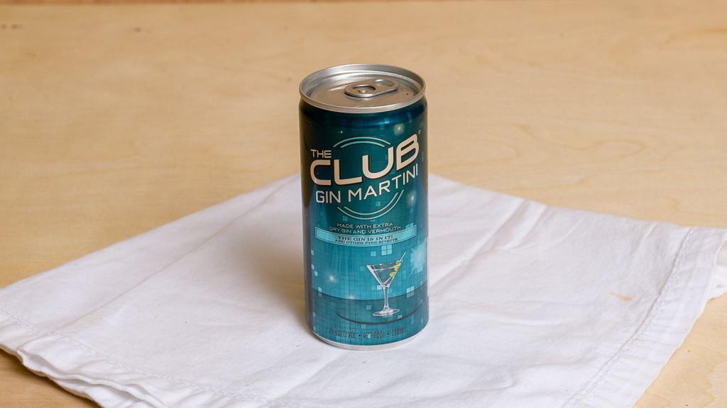 The Club Gin Martini | 200ML Can · ALC: 21.0% By Vol. 42 Proof
Made with extra dry Gin and vermouth.