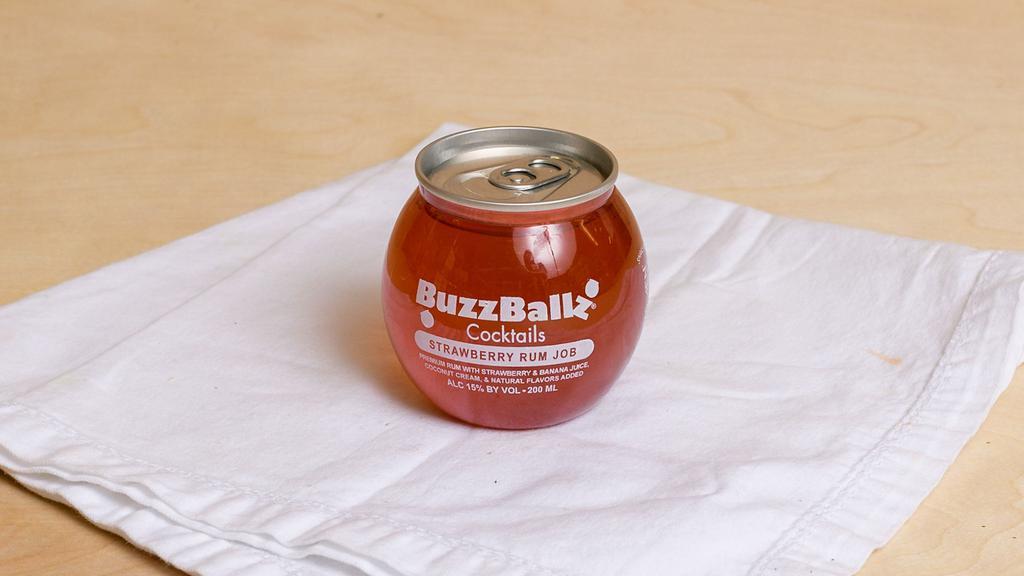  BuzzBallz Cocktails Strawberry Rum Job | 200ML Container · ALC 15% By Vol. 
Premium Rum with Strawberry & Banana Juice, Coconut cream, & Natural Flavors added.