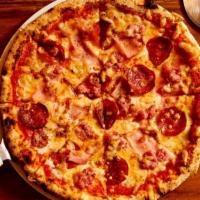 Slice of All Meat Pizza · Slice of large cheese pizza topped with salami, pepperoni, and sausage.