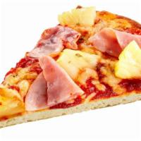 Slice of Hawaiian Pizza · Slice of large cheese pizza topped with juicy ham and fresh pineapple.